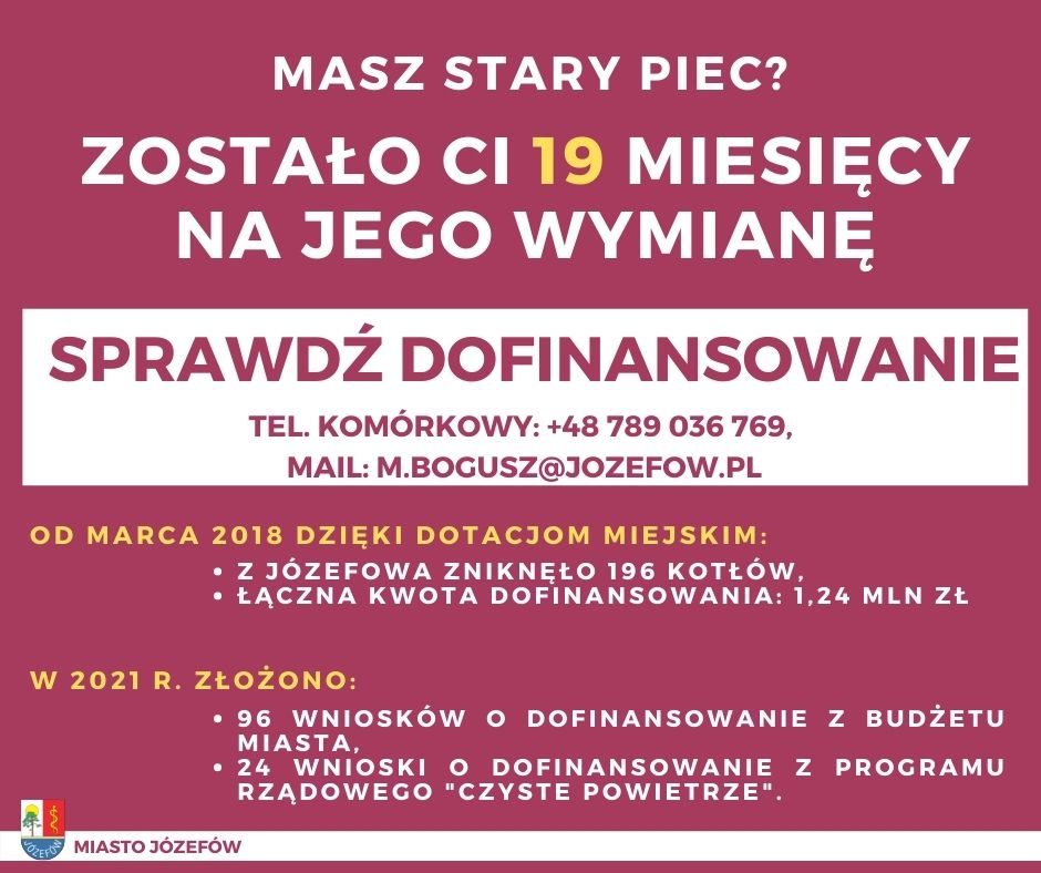 Baner z informacjami nt. efektów dofinansowania do wymiany kotłów. Telefon i mail do eksperta.