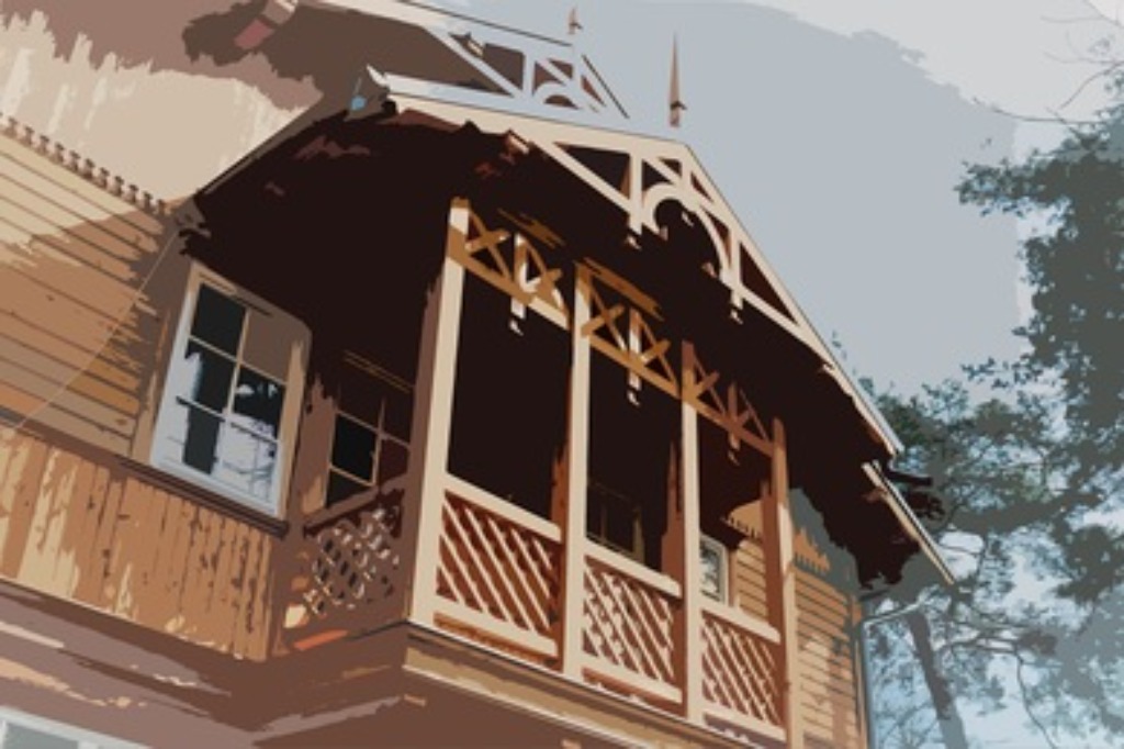 zdjęcie świdermajera, zbliżenie na drewniany balkon