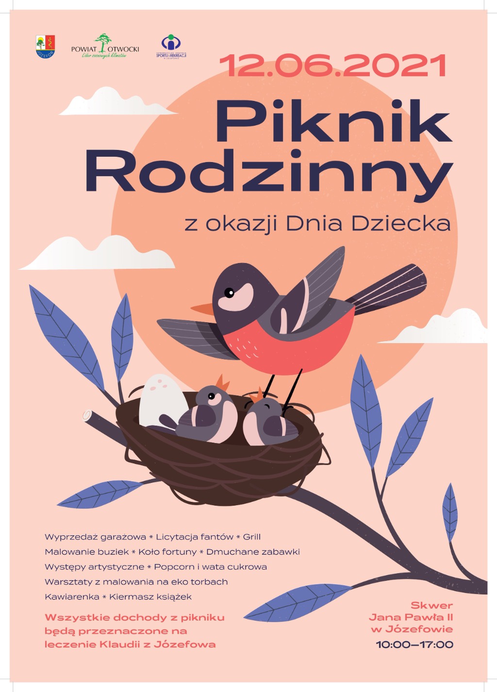 Rysunek ptaków w gnieździe na różowym tle. Wokół informacje na temat pikniku.