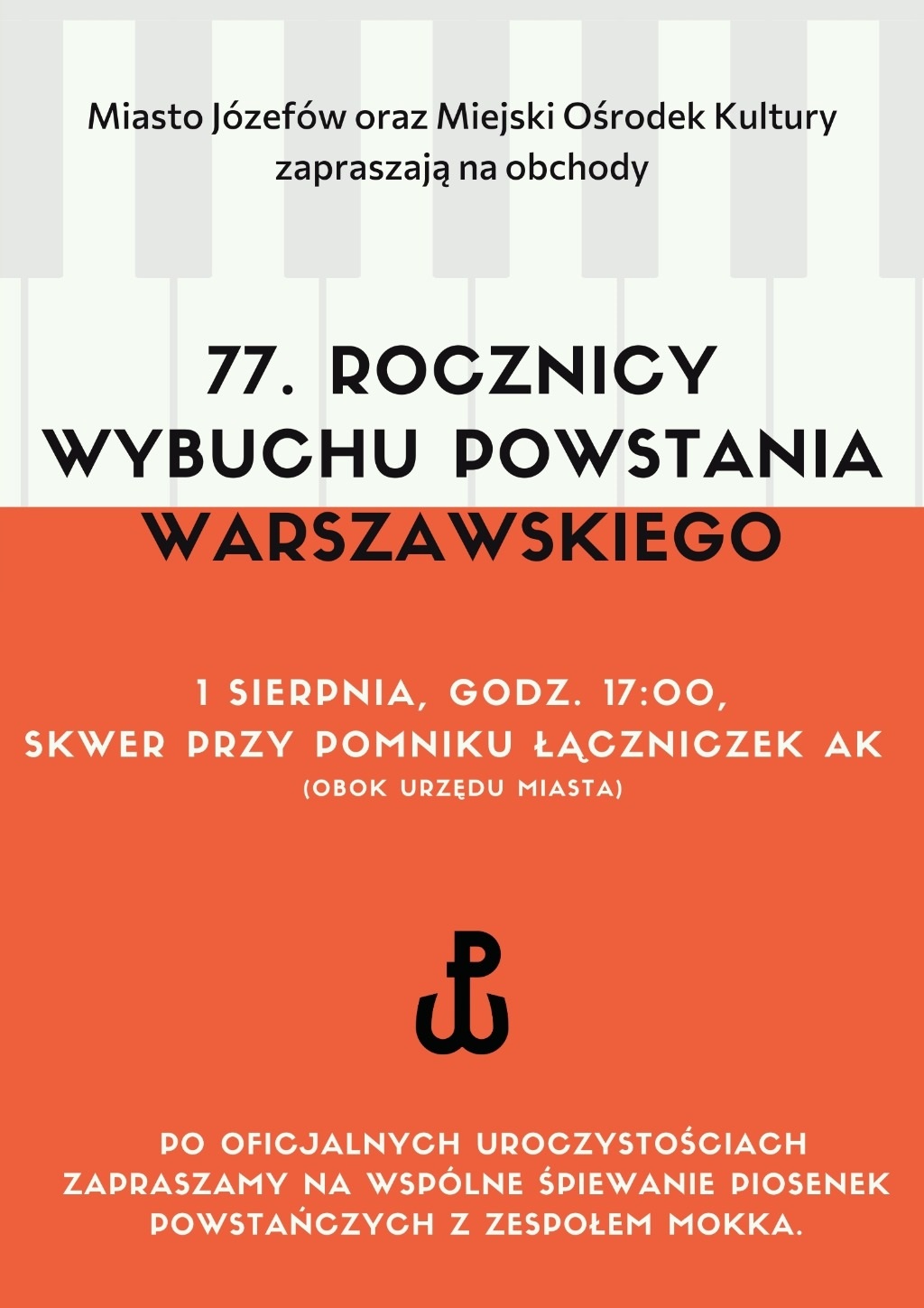 Plakat z informacjami o koncercie. Biało czerwone tło, symbol Polski Walczącej.