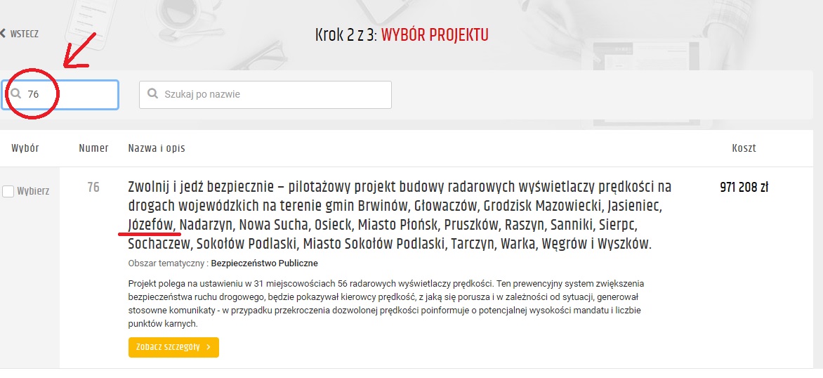 Screen ekranu ilustrującego jak należy wybrać projekt 76.