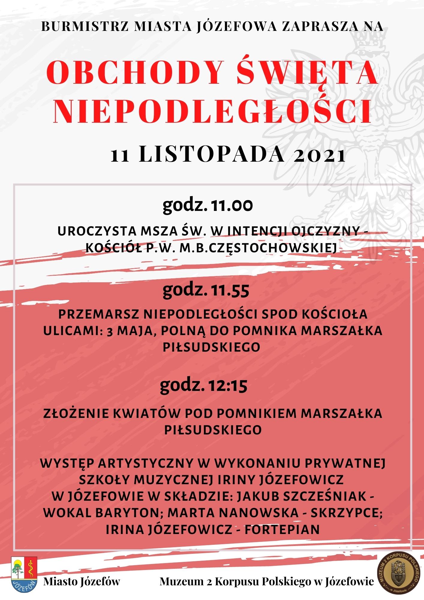 Informacje na biało-czerwonym tle o obchodach Święta Niepodległości. 