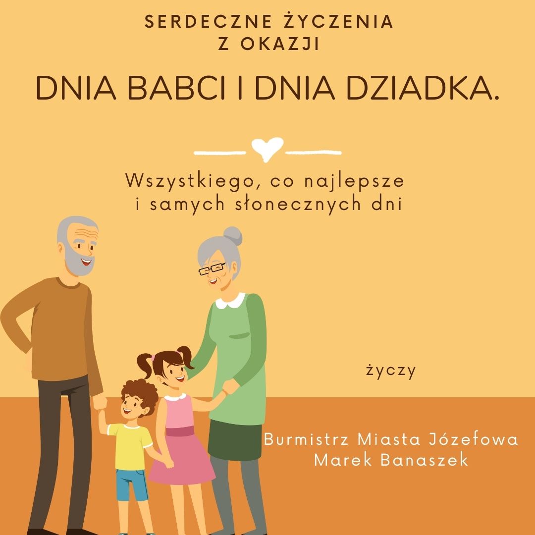 Rysunek babci i dziadka oraz życzenia podpisane przez burmistrza Marka Banaszka.