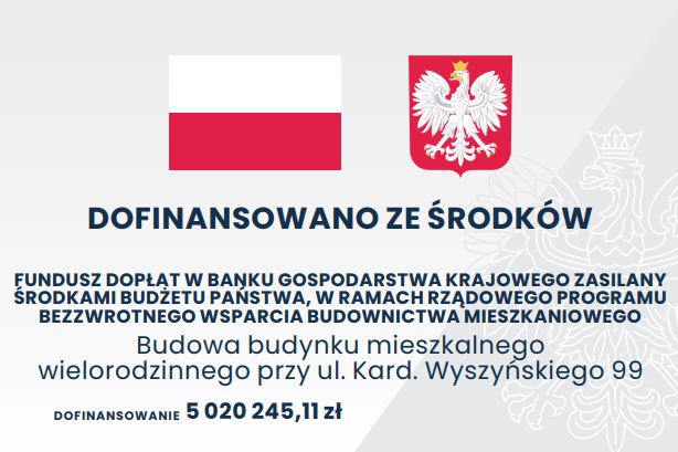 Flaga i godło Polski. Napis: "Dofinansowano ze środków Fundusz Dopłat w Banku Gospodarstwa Krajowego zasilany środkami z budżetu państwa, w ramach Rządowego Programu Bezzwrotnego Wsparcia Budownictwa Mieszkalnego. Budowa budynku mieszkalnego wielorodzinnego przy ul. Kard. Wyszyńskiego 99. Dofinansowanie 5 020 245,11 zł". 