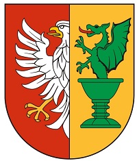 Herb powiatu otwockiego: po lewej stronie fragment białego orła na czerwonym tle, po prawej - zielony smok na żółtym tle.