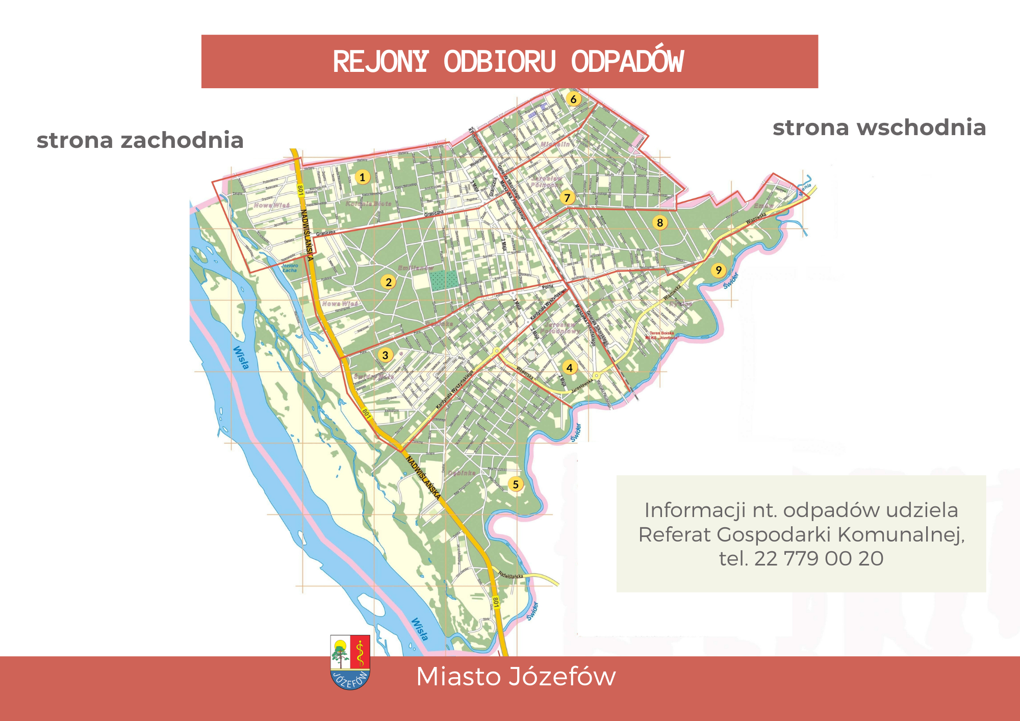 Mapa Józefowa z podziałem na rejony odbioru odpadów.