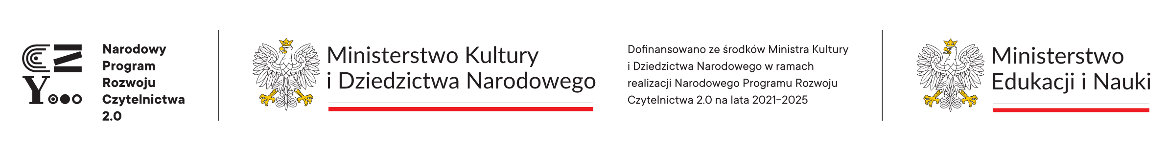 Logotypy: Narodowego Programu Rozwoju Czytelnictwa, Ministerstwa Kultury i Dziedzictwa Narodowego oraz Ministerstwa Edukacji i Nauki.