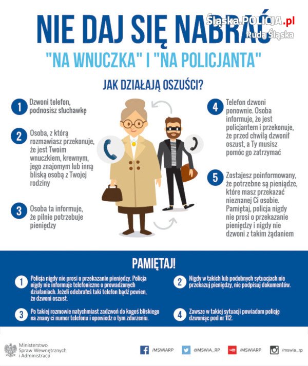 Plakat z informacjami nt. postępowania w przypadku próby oszustwa "na wnuczka".