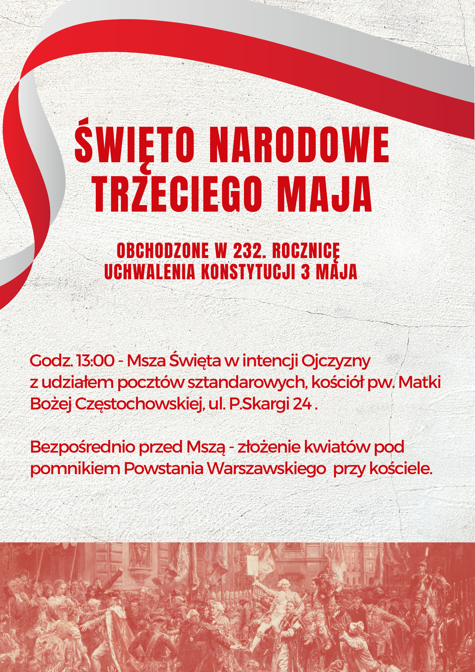 Na górze plakatu wstęga w kolorze biało-czerwonym, po środku informacje o obchodach, na dole obraz Jana Matejki 