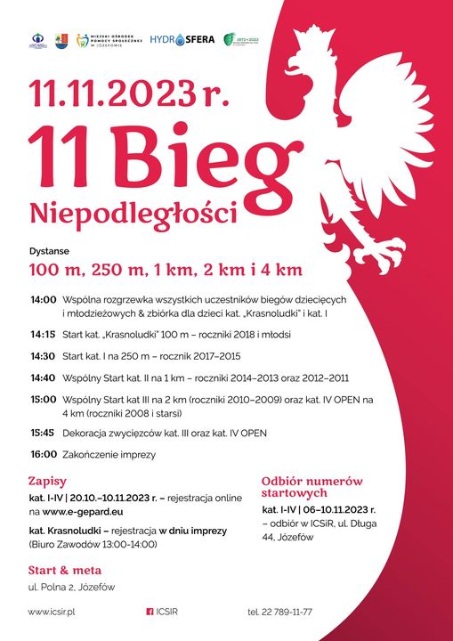 Plakat z informacjami o Biegu Niepodległości. Po prawej stronie fragment godła Polski.