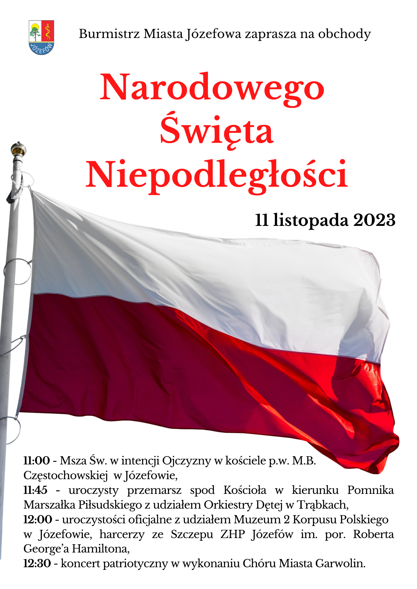 Plakat z informacjami o programie obchodów Święta Niepodległości. Z lewej strony flaga Polski.