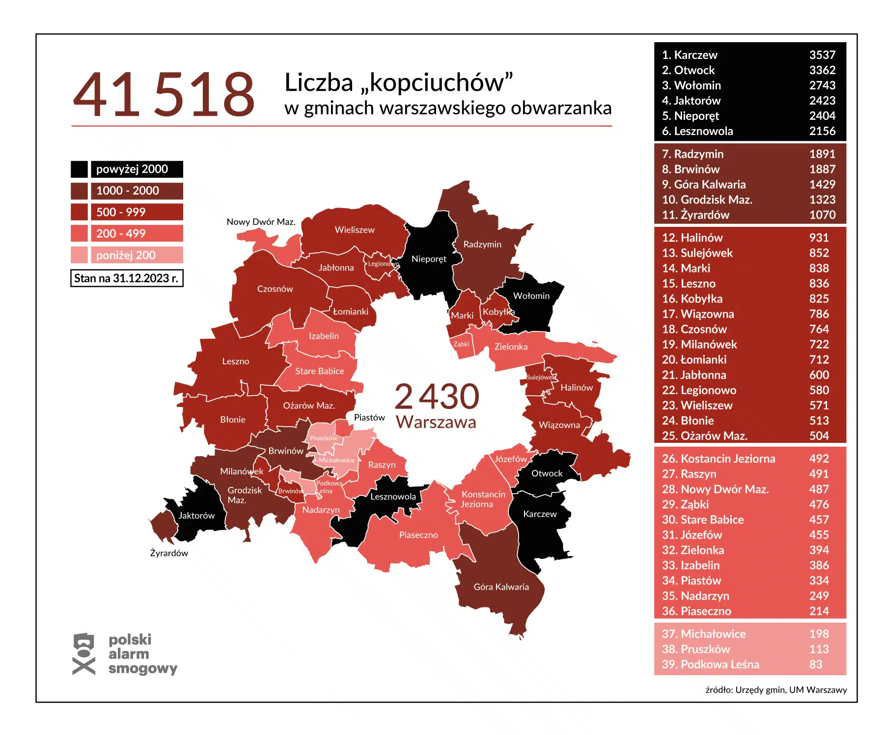 Mapa Warszawy i okolicznych miejscowości z zaznaczoną liczbą nielegalnych kotłów.