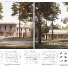 wizualizacja front - piętrowy drewniany budynek oraz parterowy drewniany budynek