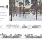 Wizualizacja od frontu - budynek za drzewami, wokół śnieg