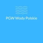 Napis Wody Polskie i symbol fal na niebieskim tle