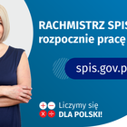 Po lewej stronie kobieta. Po prawej stronie napis: Rachmistrz spisowy rozpocznie pracę w maju! Poniżej napis spis.gov.pl. Na dole cztery koła ze znakami dodawania, odejmowania, mnożenia i dzielenia, logo spisu i GUSu.