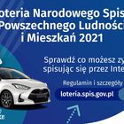 Grafka – Loteria NSP 2021 Na górze grafiki jest napis: Loteria Narodowego Spisu Powszechnego Ludności i Mieszkań 2021. Poniżej jest napis: Sprawdź co możesz zyskać spisując się przez Internet! Regulamin i szczegóły loteria.spis.gov.pl Po lewej stronie gra