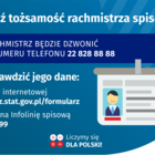 Na grafice jest napis: Sprawdź tożsamość rachmistrza spisowego! Rachmistrz będzie dzwonić z numeru telefonu 22 828 88 88. Możesz sprawdzić jego dane: na stronie internetowej rachmistrz.stat.gov.pl/formularz, dzwoniąc na infolinię spisową 22 279 99 99. Po 