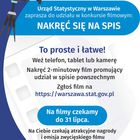 Na górze grafiki jest napis: Narodowy Spis Powszechny Ludności i Mieszkań 2021. Po lewej stronie jest grafika przedstawiająca kamerę filmową na statywie. Poniżej napis: Urząd Statystyczny w Warszawie zaprasza do udziału w konkursie filmowym NAKRĘĆ SIĘ NA 