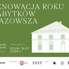 Rysunek białego dworku na zielonym tle i napis 