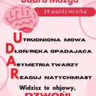plakat na światowy dzień udaru mózgu - różowe tło, czerwone napisy, w lewym górnym rogu grafika mózgu, napis UDAR , na dole nr telefonów alarmowych