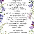 Na białym tle, różowe i fioletowe polne kwiaty i zioła a wśród nich trzmiele i pszczoły. Na górze oliwkowy mapis 8 marca i różowy zawilec, poniżej życzenia 